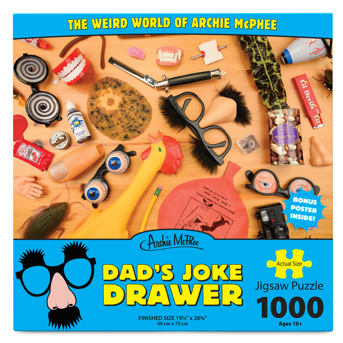 The Dad's Joke Drawer Puzzle offers quirky items such as glasses, a whoopee cushion, and fake teeth, making it ideal for practical jokes or as a humorous gift.