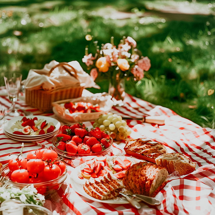 A picnic setup with a variety of food including fruits, bread, and a floral arrangement, on a checkered red and white blanket.