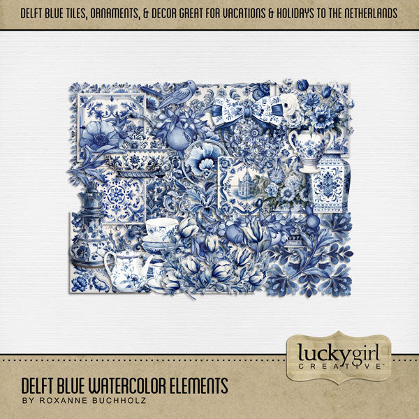 Create stylish digital scrapbooking pages of your vacation or holiday to Amsterdam, Holland, or The Netherlands with these blue and white traditional Dutch earthenware watercolor embellishments by Lucky Girl Creative digital art. Embellishments include basket, chess piece, ribbon, bow, bird, pomegranate, floral, flowers, bouquet, tulip, ornament, tile, tea set, vase, urn, and more. This kit is included in the The Netherlands Watercolor Bundle.