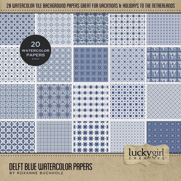 Create stylish digital scrapbooking pages of your vacation or holiday to Amsterdam, Holland, or The Netherlands with these blue and white traditional Dutch tile earthenware watercolor background papers by Lucky Girl Creative digital art. This kit is NOT included in any bundle.