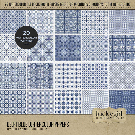 Create stylish digital scrapbooking pages of your vacation or holiday to Amsterdam, Holland, or The Netherlands with these blue and white traditional Dutch tile earthenware watercolor background papers by Lucky Girl Creative digital art. This kit is NOT included in any bundle.
