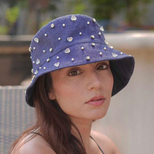 Denim Embellished Bucket Hat - Dark Blue