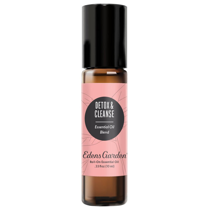 A black roll-on essential oil bottle with a label reading 'Detox & Cleanse Essential Oil Blend' by Edens Garden.