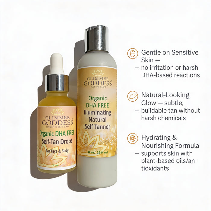 Glimmer Goddess Organic Skin Care DHA-Free Self Tanner bundle with lotion and drops for a natural glow without orange tones or smell.