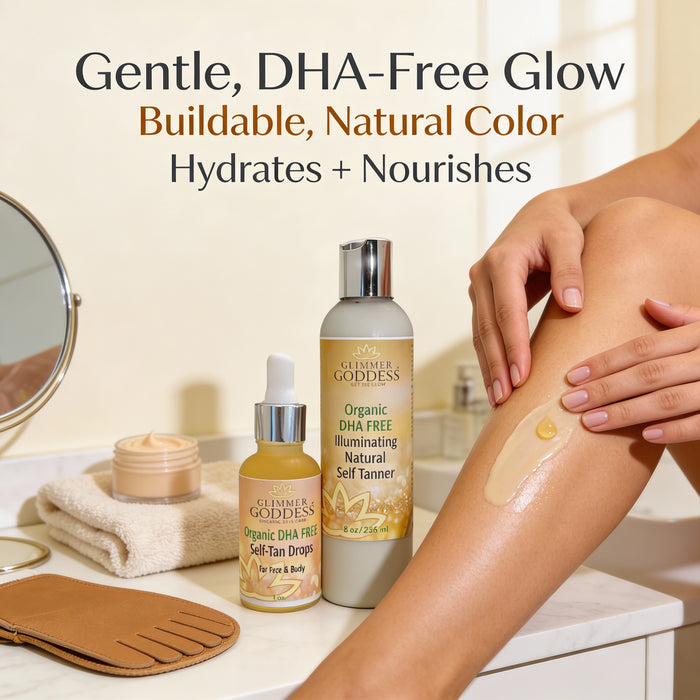 Glimmer Goddess Organic Self Tanner bundle with lotion and drops for a natural glow without smell or orange tones.