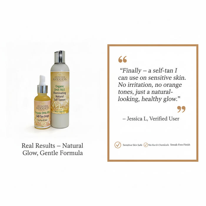 Glimmer Goddess® Organic Skin Care DHA-Free Self Tanner bundle with lotion and drops for a natural glow without orange tones.