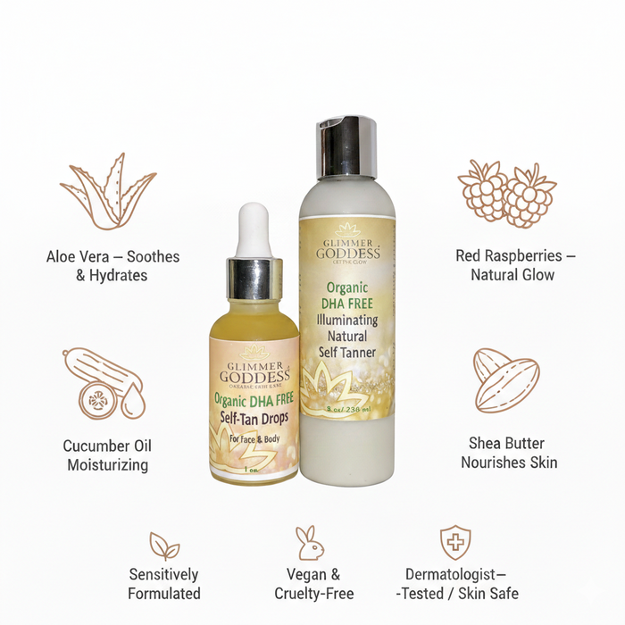 Glimmer Goddess® Organic Skin Care DHA-Free self tan lotion and drops bundle for a natural glow without orange tones or smell