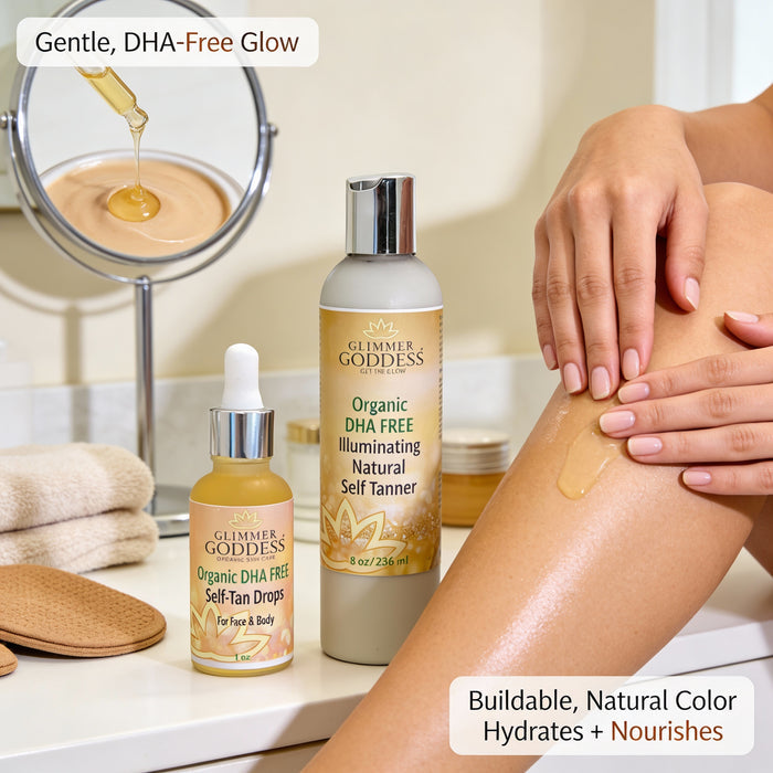 Glimmer Goddess® Organic Skin Care DHA-Free Self Tanner bundle with lotion and drops for a natural, orange-free glow.