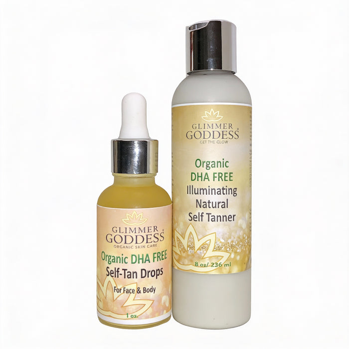 Glimmer Goddess Organic Self Tanner bundle with DHA-free lotion and drops for a natural, odorless glow without orange tones.