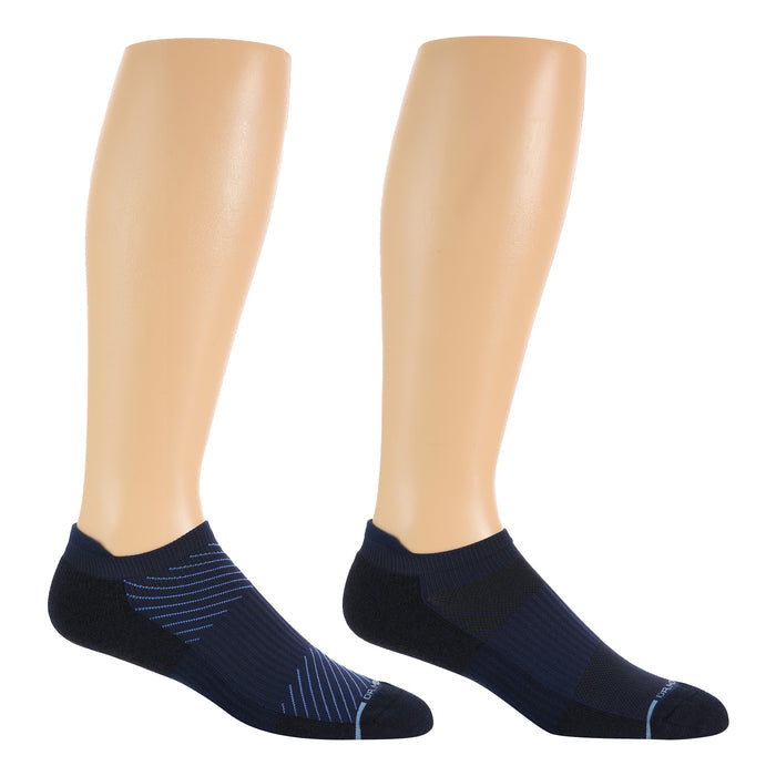 Ankle compression socks in navy blue with a diagonal stripe pattern and cushioned sole.