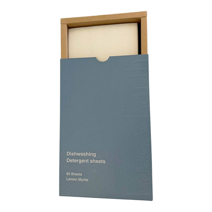 Dishwashing detergent sheets in a blue packaging with a cardboard flap on a white background.