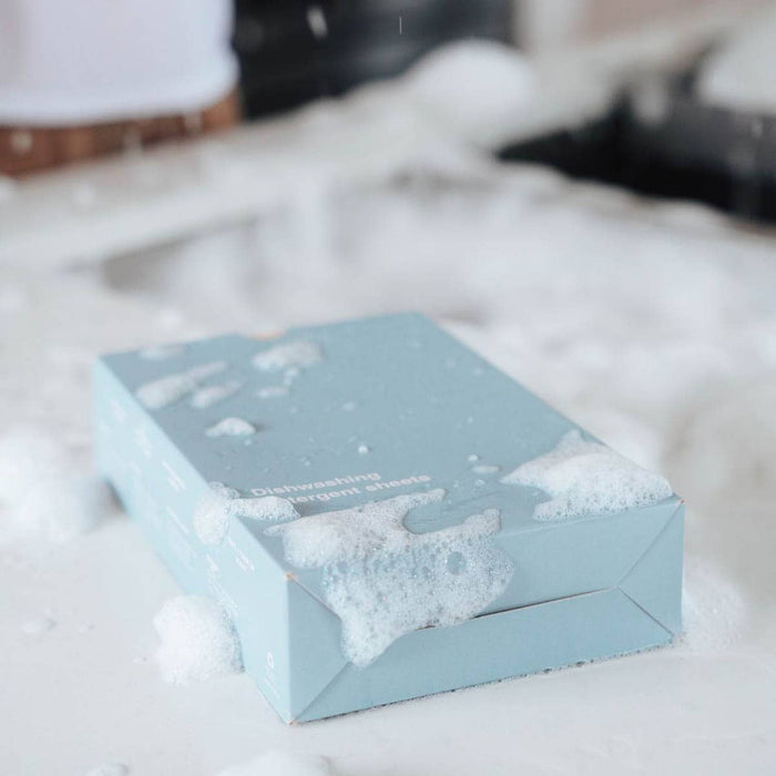 Blue box with white text on a white surface.