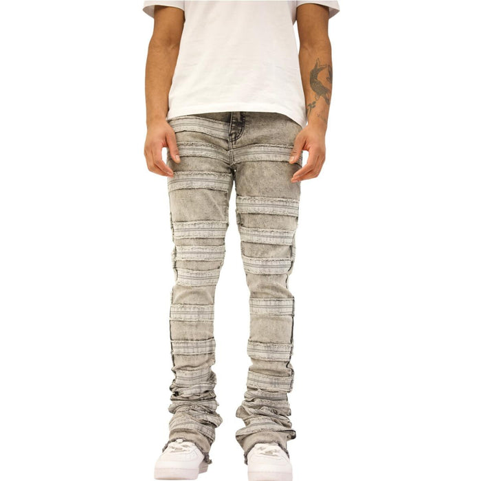 Two images of Doctrine Kill Joy Stacked Jeans in Steel Grey, showcasing the modern and versatile design