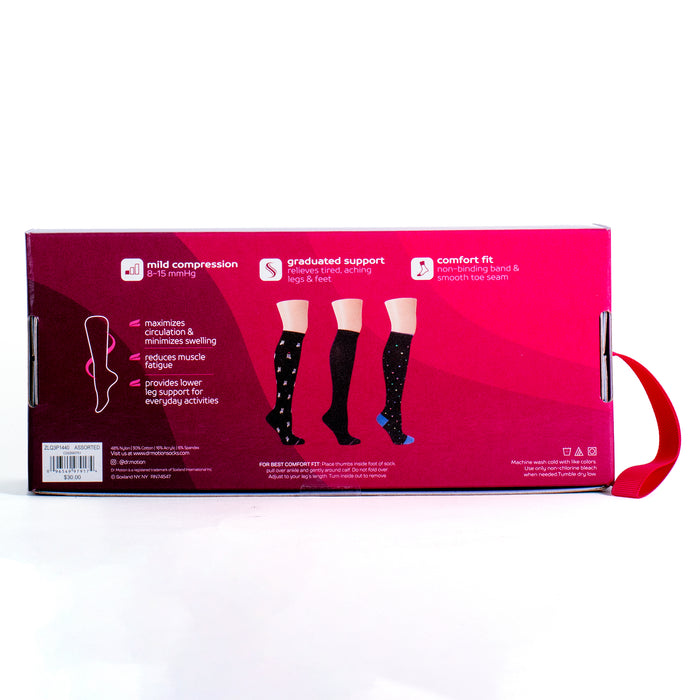 Box displaying three pairs of compression socks with features and benefits listed on a pink background.