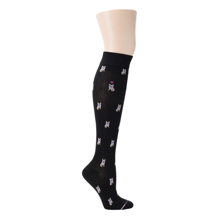Black knee-high socks featuring a pattern of small dogs with hearts.