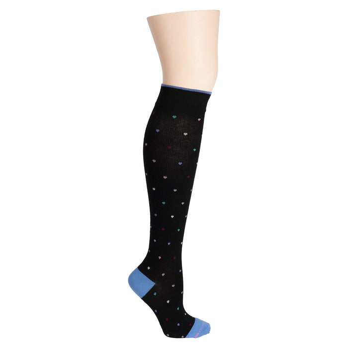 Knee-high black socks with colorful polka dots and blue accents at the top and toe.