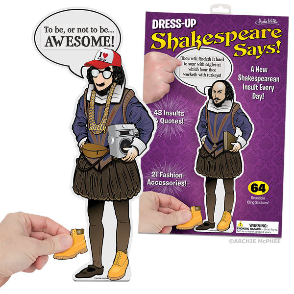 The Dress-Up Shakespeare Says! figure comes dressed in modern attire and features a speech bubble that proclaims, "To be, or not to be... AWESOME!" It also includes reusable vinyl clings that offer endless opportunities for creative play.