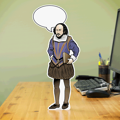 A man dressed in historical garb from the product "Dress-Up Shakespeare Says!" stands on a desk near a computer and office supplies, using Shakespearean insults. A speech bubble enhances this expressive scene.