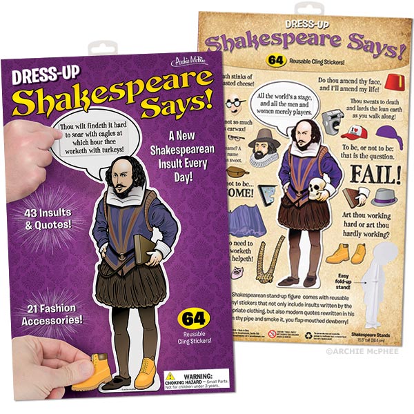 The Dress-Up Shakespeare Says! kit includes 64 reusable vinyl clings, featuring playful insults and classic quotes for endless customization fun.