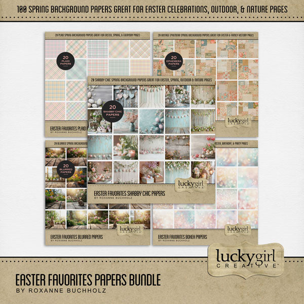 Enjoy the spring and Easter season with these seasonal digital scrapbooking background papers in soft pastel tones by Lucky Girl Creative digital art. The bundle includes 5 paper packs including bokeh, vintage ephemera, shabby chic, plaid, and outdoor and nature themes.