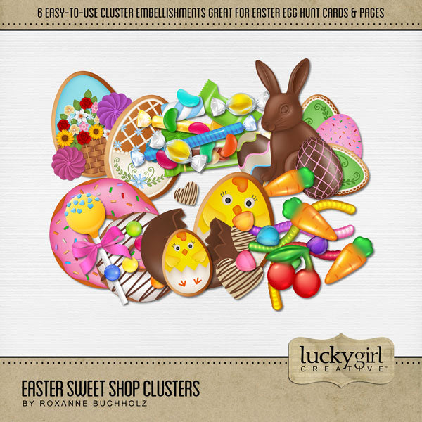 Add these easy-to-use cluster embellishments by Lucky Girl Creative digital art to all your holiday digital scrapbooking pages! In hues of pink, yellow, blue, and green, these sweet clusters add so much fun to all your Easter projects including greeting cards and holiday decor. Featured embellishments include donut, doughnut, cookie, chocolate, gummy candy, chocolate bunny, and more. This kit is included in the Easter Sweet Shop Bundle.