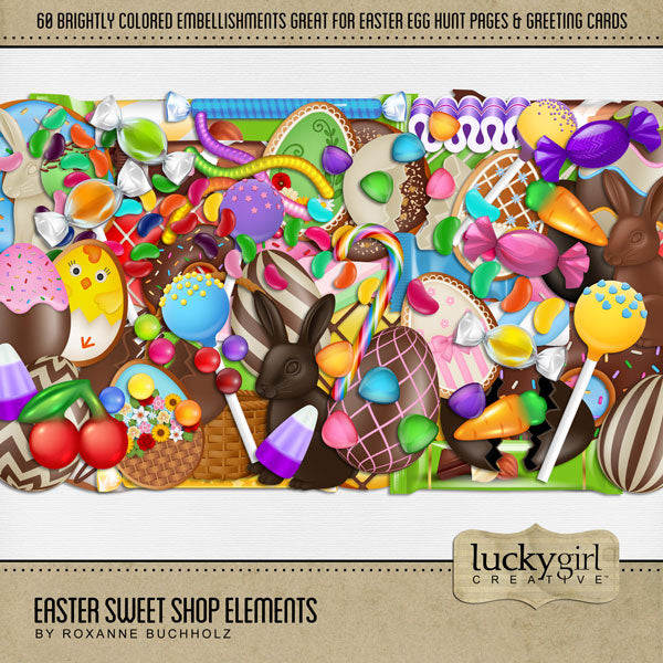 Add these sweet embellishments by Lucky Girl Creative digital art to all your holiday digital scrapbooking pages! In hues of pink, blue, yellow, and purple, these sweet embellishments add so much fun to all your Easter projects including greeting cards and holiday decor. Embellishments include Easter basket, Easter eggs for Egg Hunt, cake pop, lollypop, sucker, candy cane, candy corn, milk chocolate, white chocolate, dark chocolate, Easter bunny, chick, cookie, donut, doughnut, gumdrops, gummy carrot, gummy