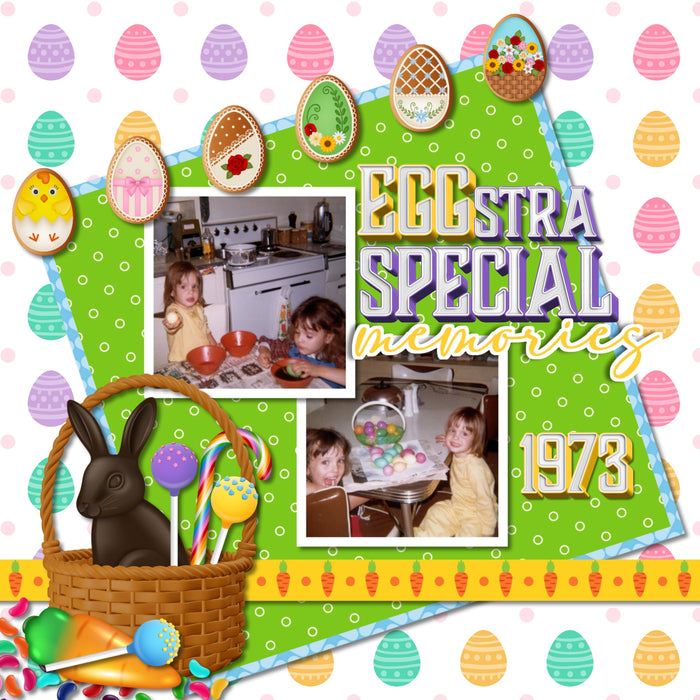 Add these sweet embellishments, patterned papers, clusters, and 2 alpha sets by Lucky Girl Creative digital art to all your Easter digital scrapbooking pages! In hues of pink, yellow, purple, and blue, these sweet elements will add so much fun to all your Easter projects including greeting cards and holiday decor. Embellishments include Easter basket, Easter eggs for Egg Hunt, cake pop, lollypop, sucker, candy cane, candy corn, milk chocolate, white chocolate, dark chocolate, Easter bunny, chick, cookie