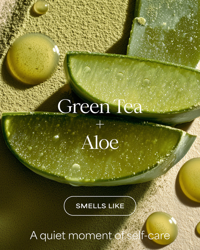 Green tea and aloe vera slices with droplets on a beige background, labeled 'Green Tea + Aloe'.
