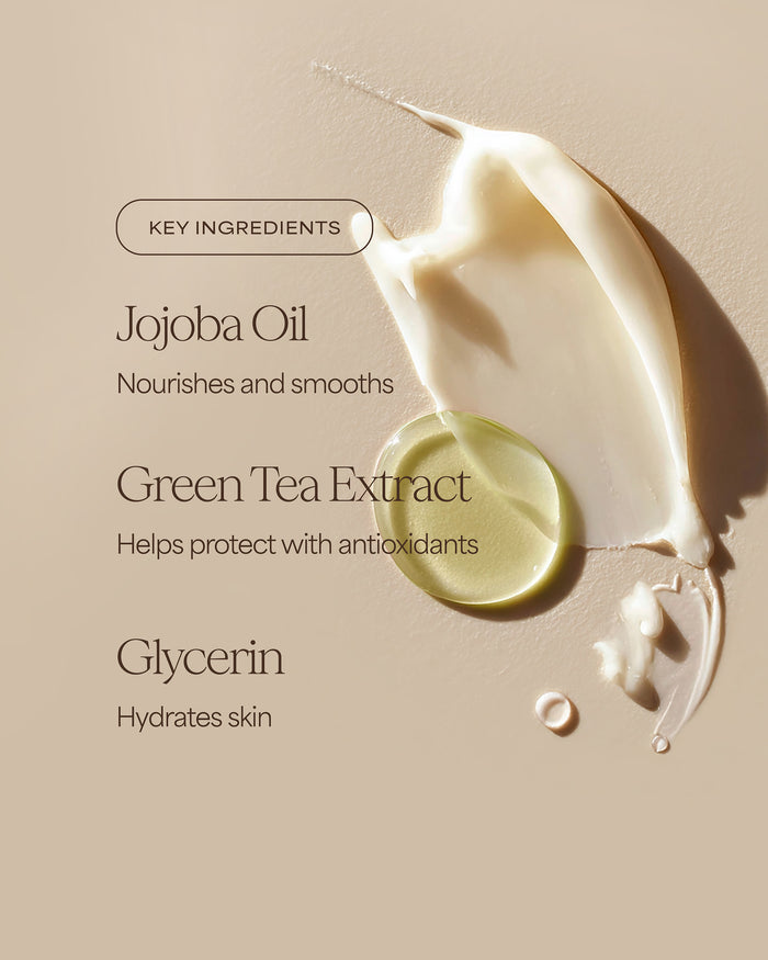Product display with key ingredients listed on a beige background
