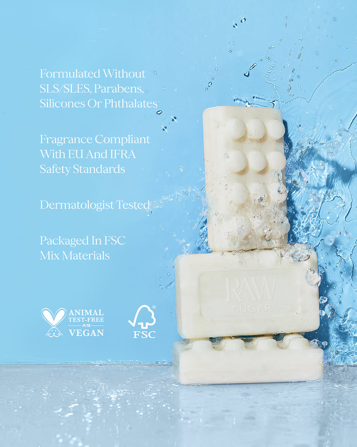 Three stacked soap bars with water droplets on a blue background, featuring sustainability and safety certification logos.