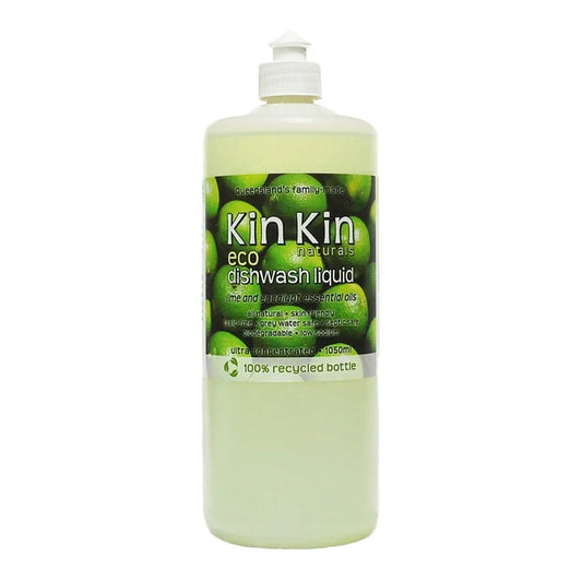 Bottle of Kin Kin eco dishwash liquid with lime and eucalypt essential oils on a white background
