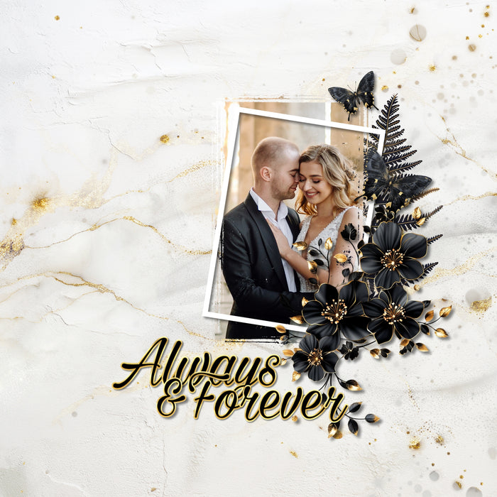 Celebrate all the special occasions in life with this beautiful bundle of black and gold embellishments, papers, and script alpha set by Lucky Girl Creative digital art. Great for wedding, anniversary, birthday, prom, black tie events, graduation, and more. Embellishments include a variety of flowers and black and gold scatters of stardust glitter. Papers include black and gold plus white and gold marble papers. Alpha is a beautiful black and gold script.