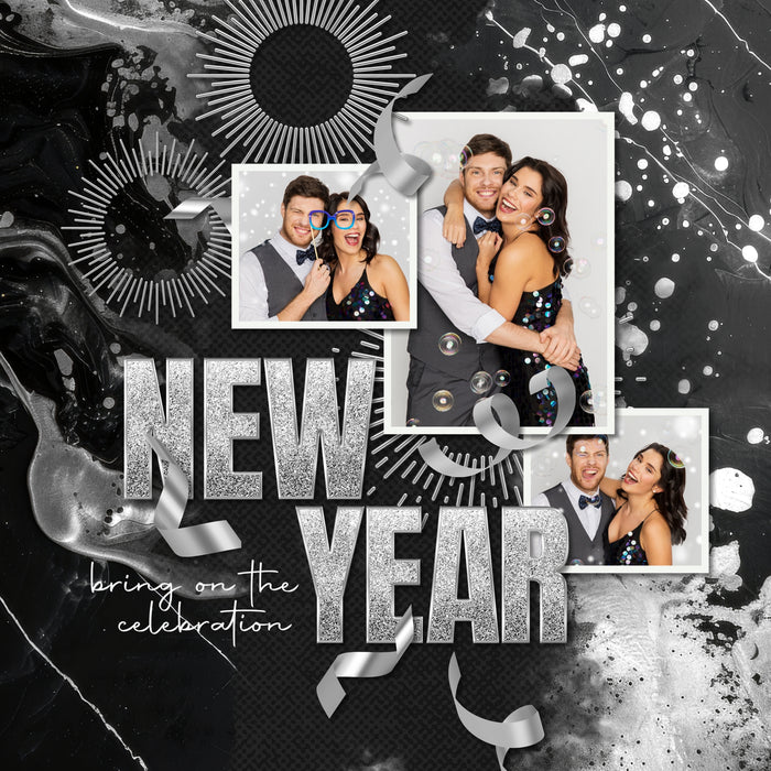 Celebrate all the special occasions in life with this beautiful bundle of black and silver embellishments, papers, and script alpha set by Lucky Girl Creative digital art. Great for wedding, anniversary, birthday, prom, black tie events, graduation, and more. Embellishments include a variety of flowers and black and silver scatters of stardust glitter. Papers include black and silver plus white and silver marble papers. Alpha is a beautiful black and silver script.