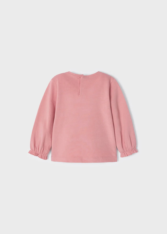 Back view of Mayoral baby girl Pink long sleeve T-shirt with hidden clasp opening.