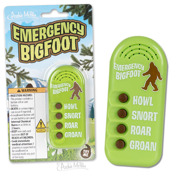 The green Emergency Bigfoot sound device features buttons that produce unique noises like a howl, snort, roar, and groan.