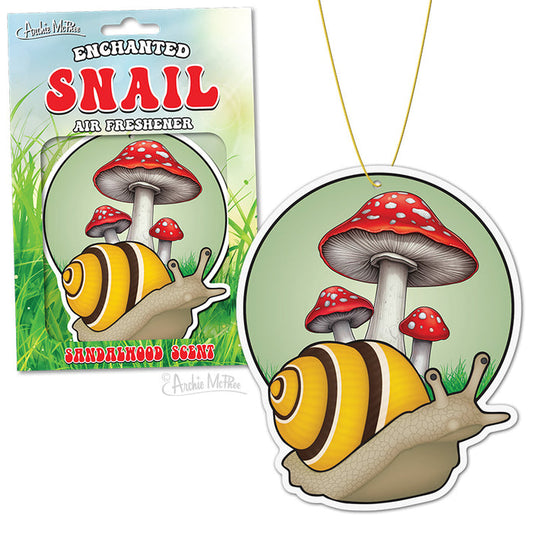 Transform your space into a tranquil oasis with the Enchanted Snail Air Freshener, featuring sandalwood fragrance. Its delightful packaging showcases an enchanting scene of a snail and red mushrooms, bringing the serene allure of a calm forest into your home. Ideal for adding an enchanting touch to any environment.