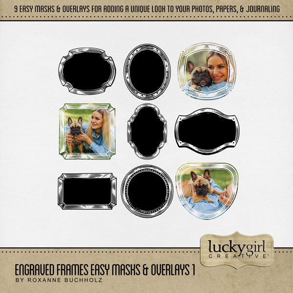 Create your own unique framed photo effects with these vintage-inspired engraved easy masks & overlays by Lucky Girl Creative digital art that will add a subtle or bold effect to your digital scrapbooking pages. Fill the masks with your favorite color, photo, or paper. Great for family history, genealogy, and wedding pages, too! In Photoshop, add the photo mask to your page, overlay with your favorite photo or digital paper, and create a clipping path for a stunning result.