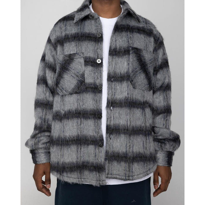 EPTM Side Slit Flannel Button Up in Charcoal with front view, showing button details and side slits