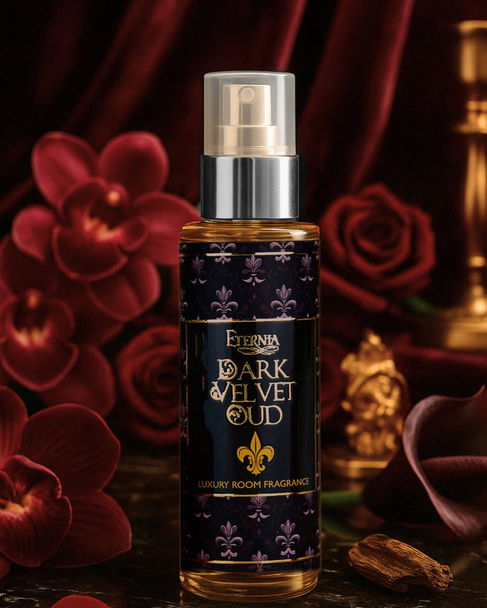 Eternia® Dark Velvet Oud room spray bottle with metallic nozzle and dark blue patterned label.