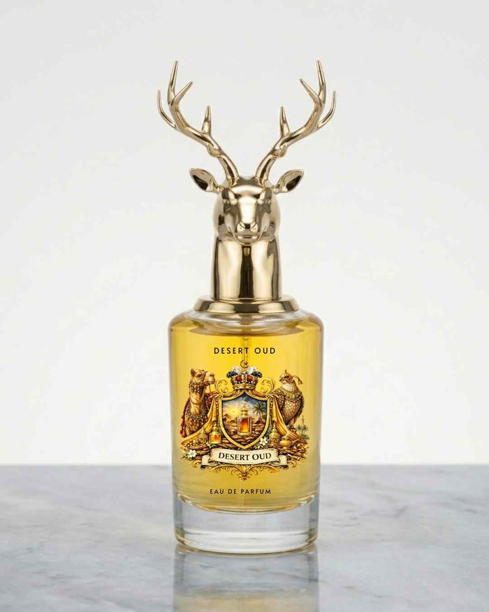 Eau de parfum bottle with gold deer antler cap and Desert Oud label