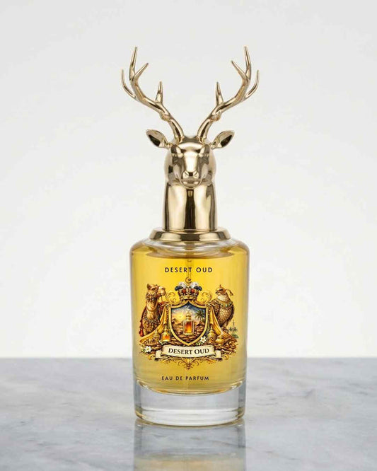 Eau de parfum bottle with gold deer antler cap and Desert Oud label