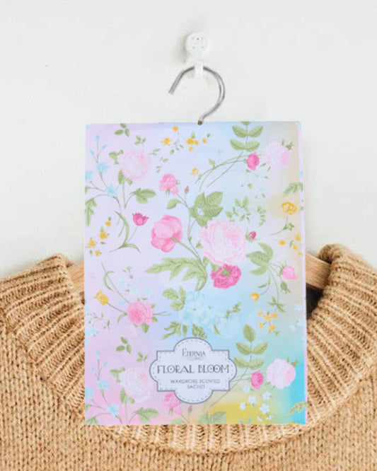 Floral scented wardrobe fragrance sachet with hanging hook, pastel flower pattern
