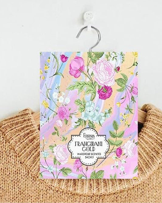 Floral wardrobe scented sachet with Eternia Frangipani Gold label and hanging hook
