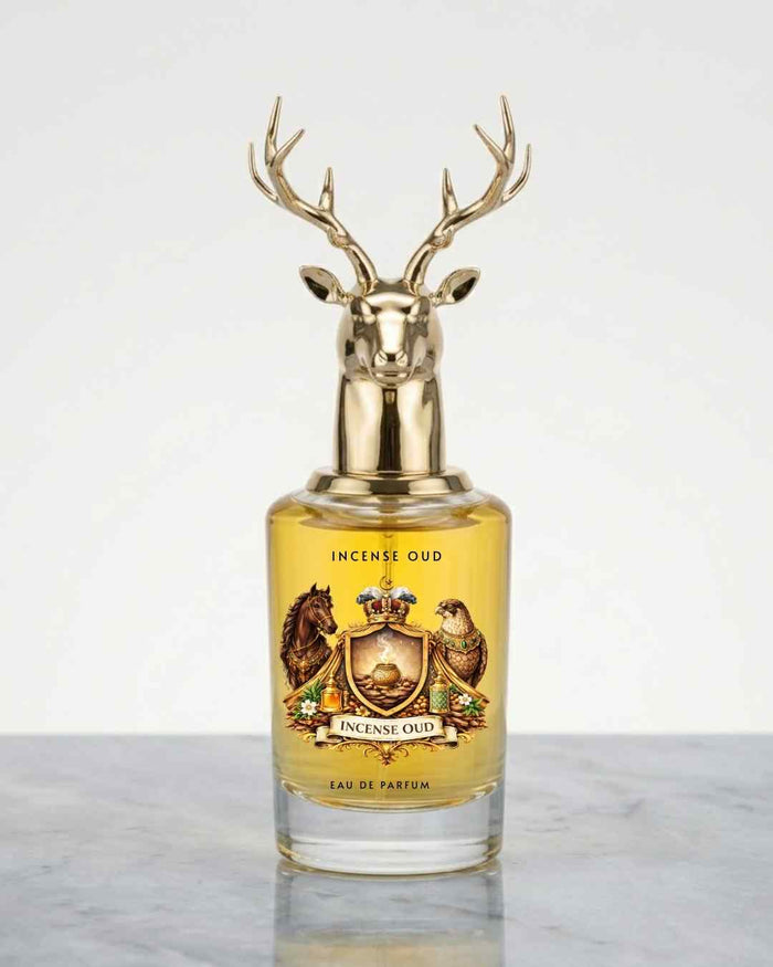 Eau de parfum bottle with gold deer antler cap and yellow-gold glass