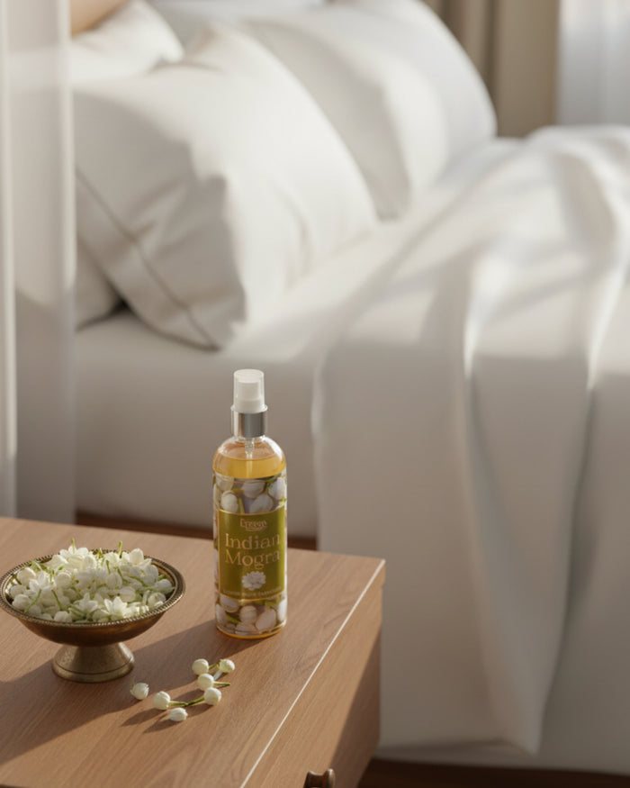 Indian Mogra room spray bottle on a bedside table with small white blossoms nearby.
