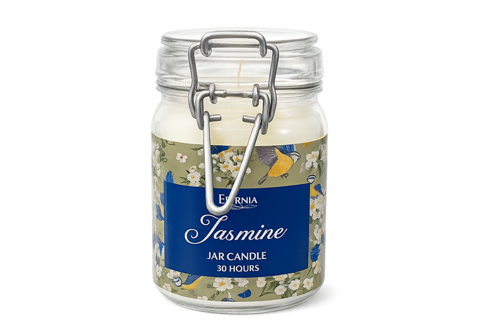 Eternia® Jasmine luxury jar candle in clear glass with metal clamp lid