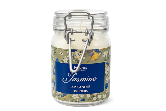 Eternia® Jasmine luxury jar candle in clear glass with metal clamp lid
