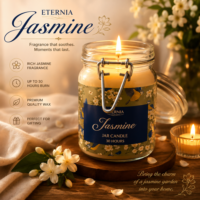Jasmine jar candle with blue label and floral bird pattern on clear glass