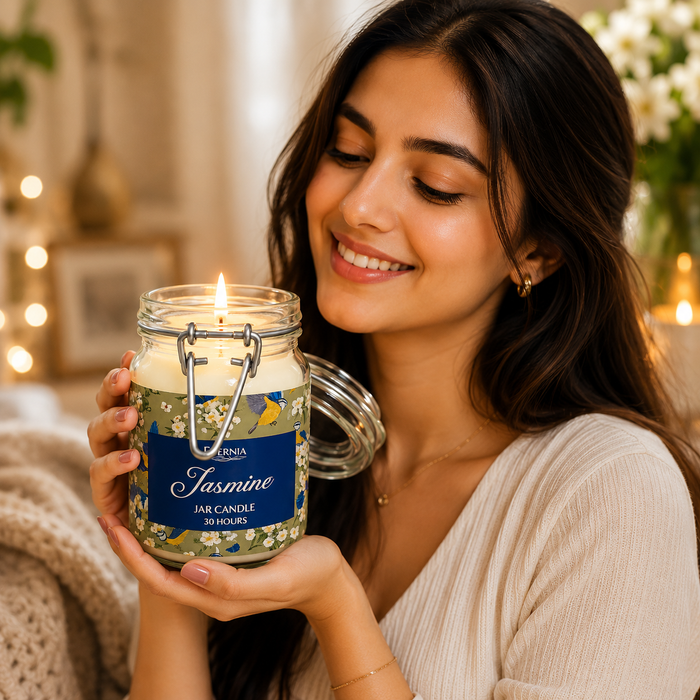 Jasmine jar candle close-up in clear glass jar with lit wick and blue label