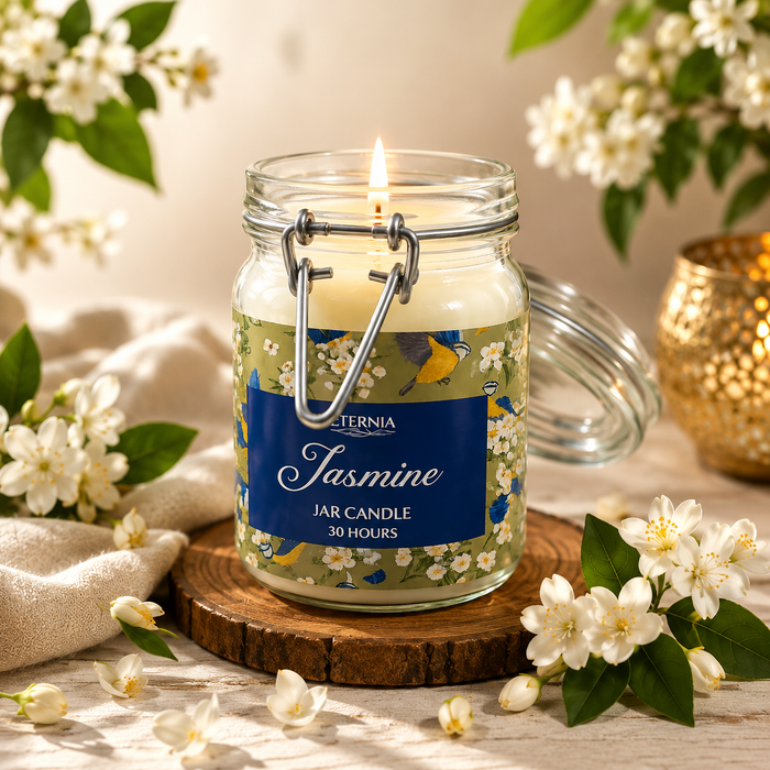 Jasmine jar candle with lit wick inside clear glass jar and blue label